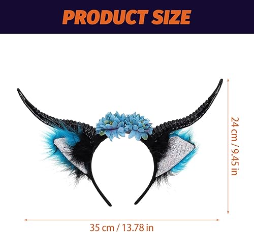Miniatura 4 de Lurrose Diadema de cuernos del diablo con cuerno de buey, diadema de cuerno de oveja negra, tocado de cuernos de demonio