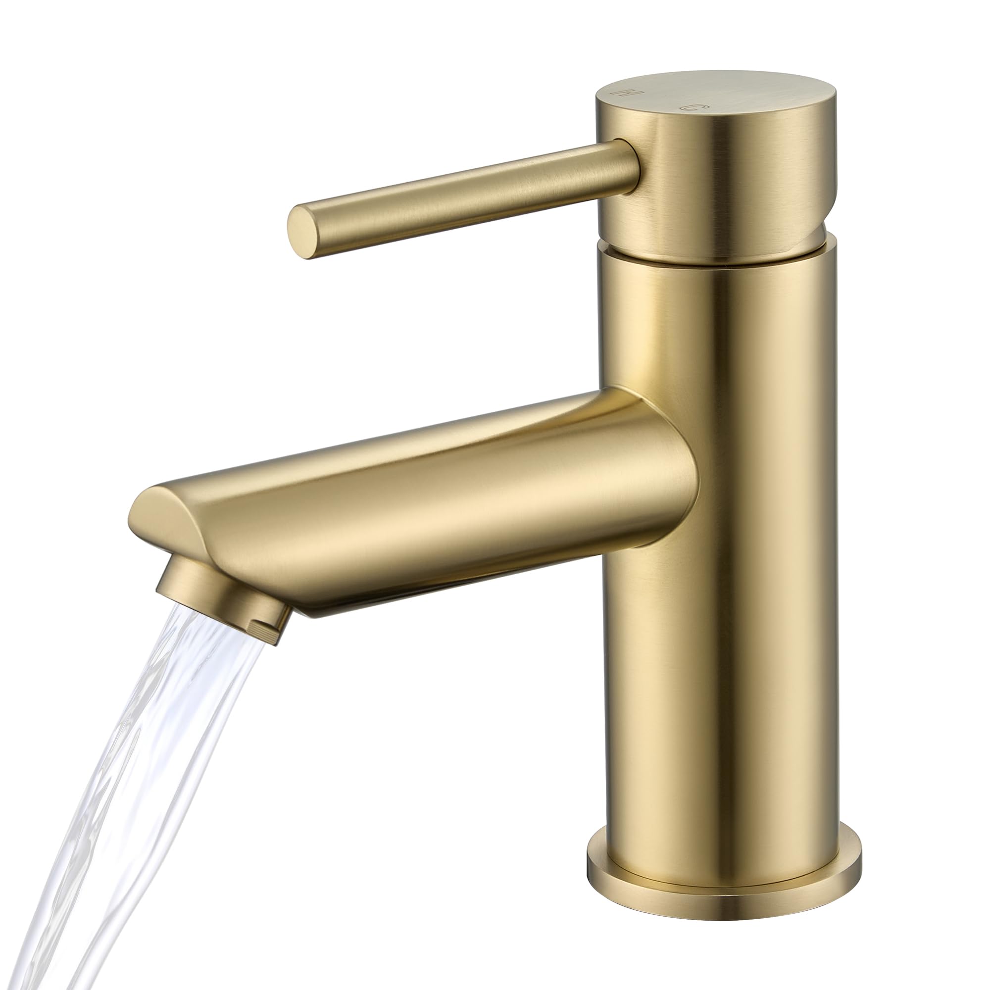 KPW Waschtischarmatur Edelstahl Gebürstet Gold – Bad Wasserhahn mit 79mm Auslaufhöhe, Einhand-Mischbatterie für Waschbecken & Gäste-WC, inkl. flexibler Anschlussschläuche