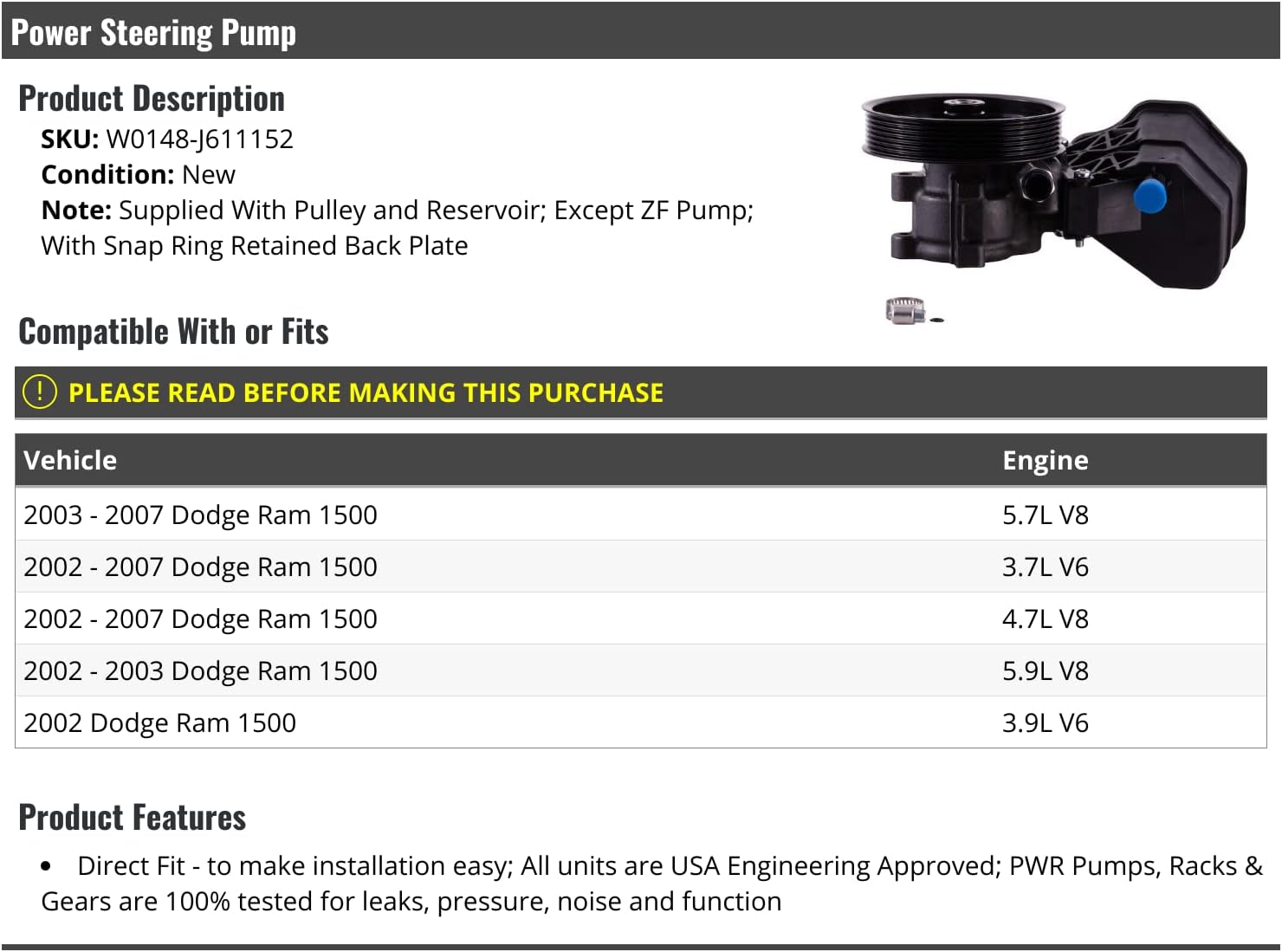 Power Steering Pump with Pulley and Reservoir - Compatible with 2002-2007 Dodge Ram 1500 (Excludes Models with Z F Pump)
