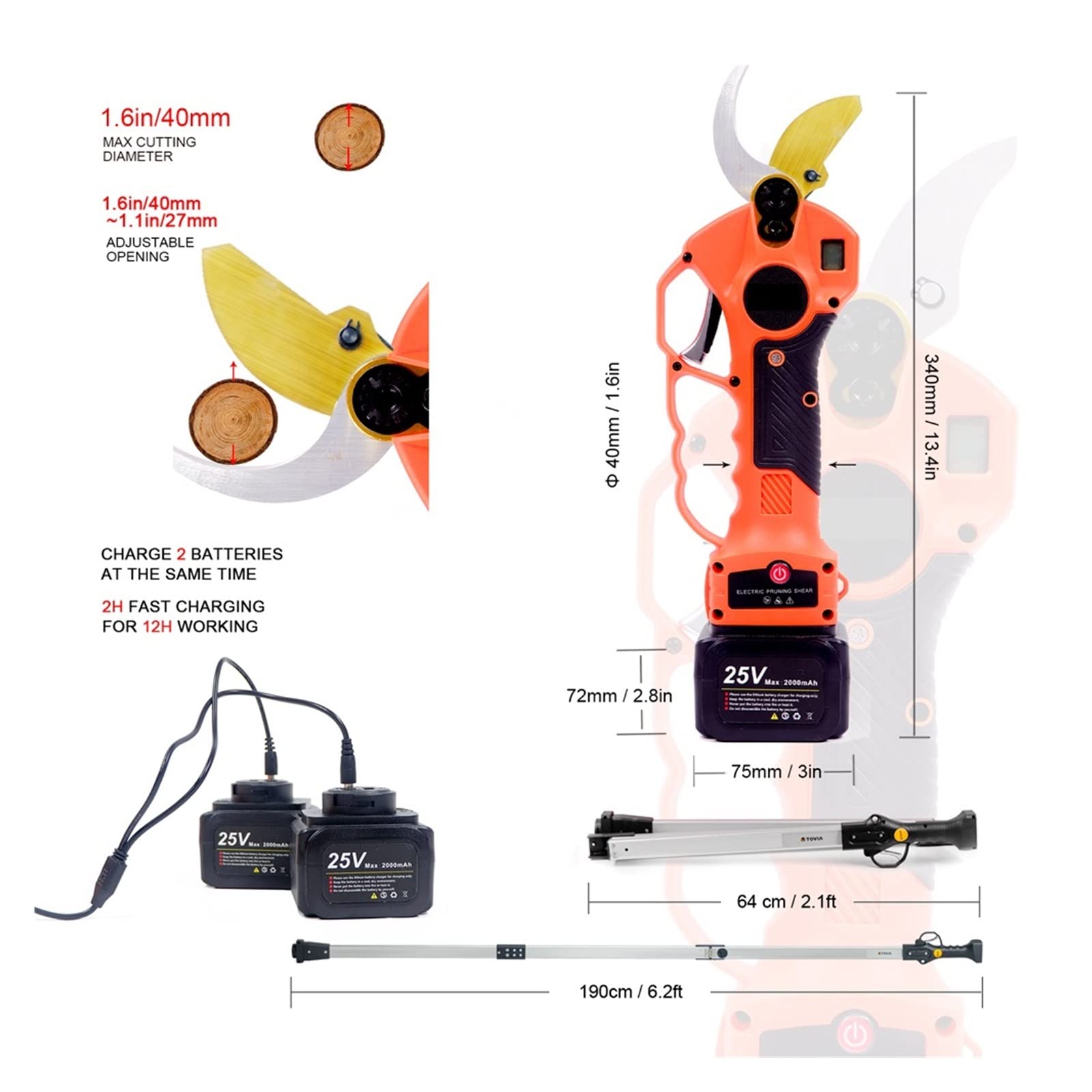 Cesoie elettriche da potatura, Potatore a batteria 25V 40mm Cesoia elettrica for potatura con asta di prolunga Sega a catena da 5 pollici Troncatrice for bonsai(Pruner Saw Color Box)