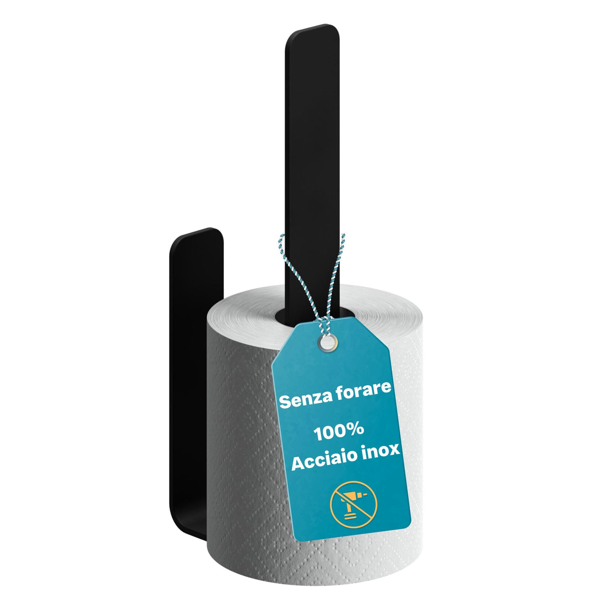 WEISSENSTEIN Portarotoli carta igienica scorta da muro - Porta rotolo bagno acciaio inox satinato - Porta carta igienica nera adesiva verticale