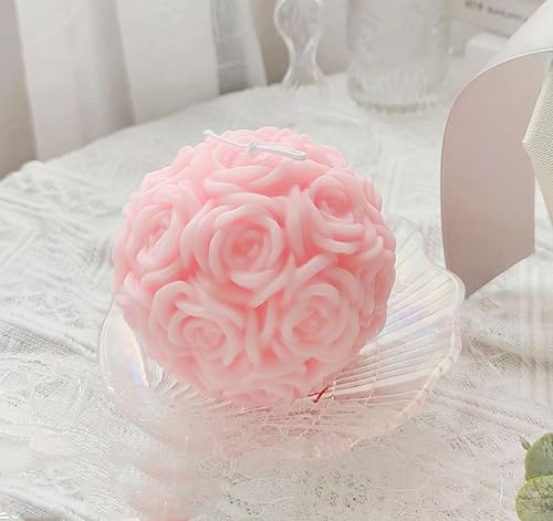 Miniatura 2 de Vela perfumada estética en forma de bola de rosa, 14.36 oz (380 g), hecha a mano, cera de soja, aroma artístico, vela decorativa para mesa