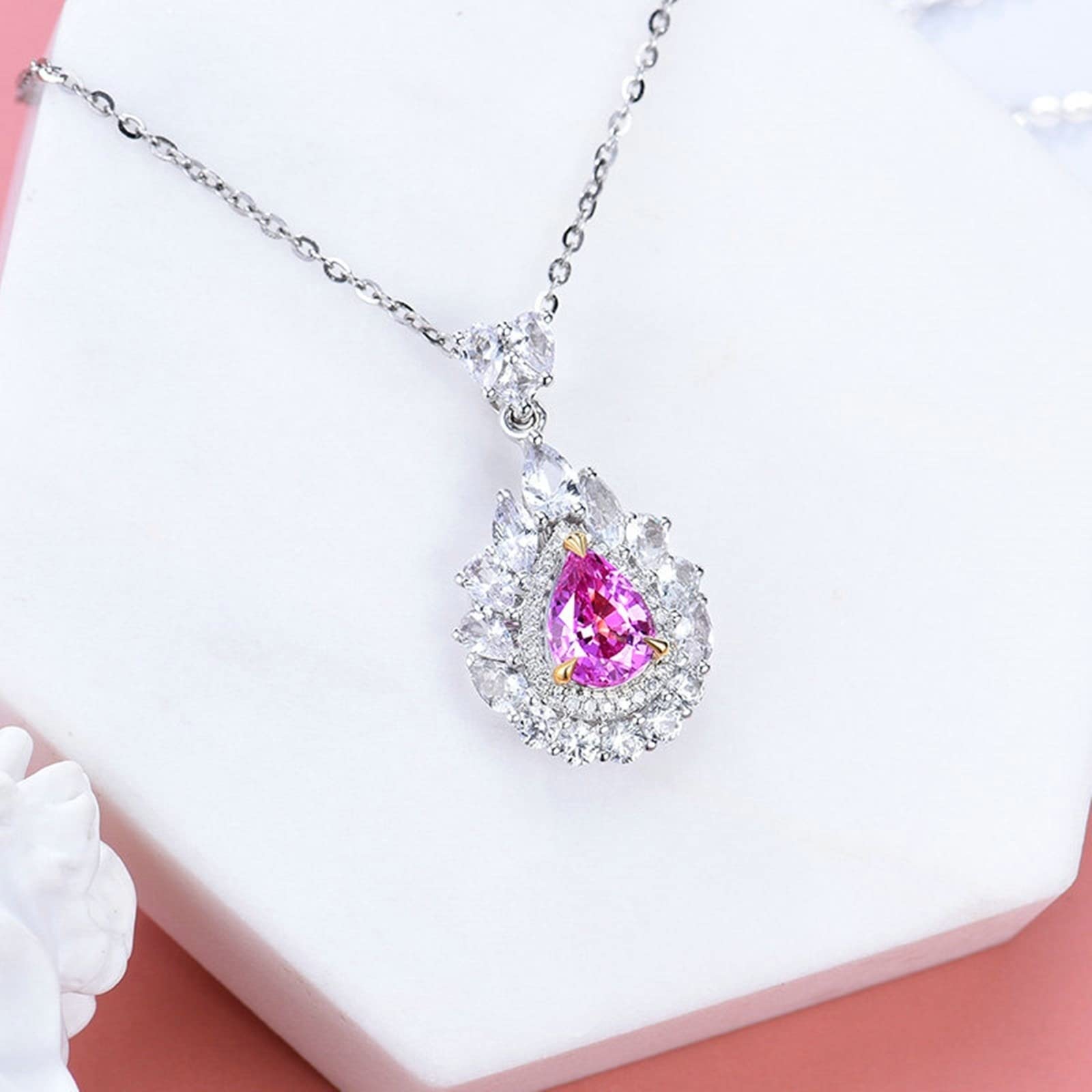 Collana in Oro Bianco 18Kt, CiondoloDonna Diamante Goccia con Rosa Zaffiro 0.7ct