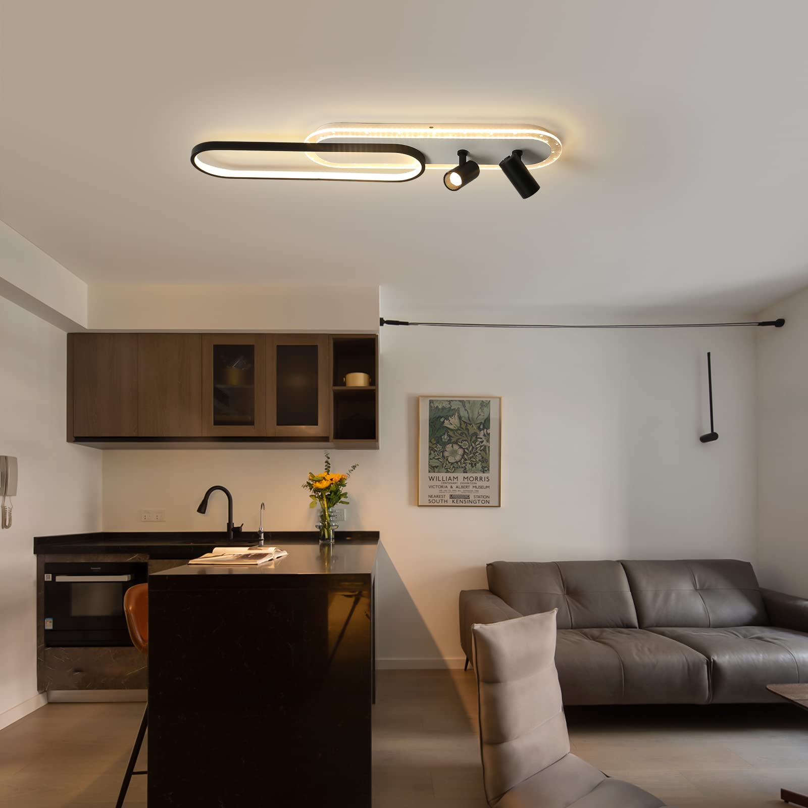 Tioolo Modern Ceiling Lamp, LED Linear Ceiling Light Fixture, 45W Dimmable Ceiling Light with Remote, Acrylic Flush Mount Chandelier Ceiling Lighting for Kitchen Dining Room Bedroom Corridor