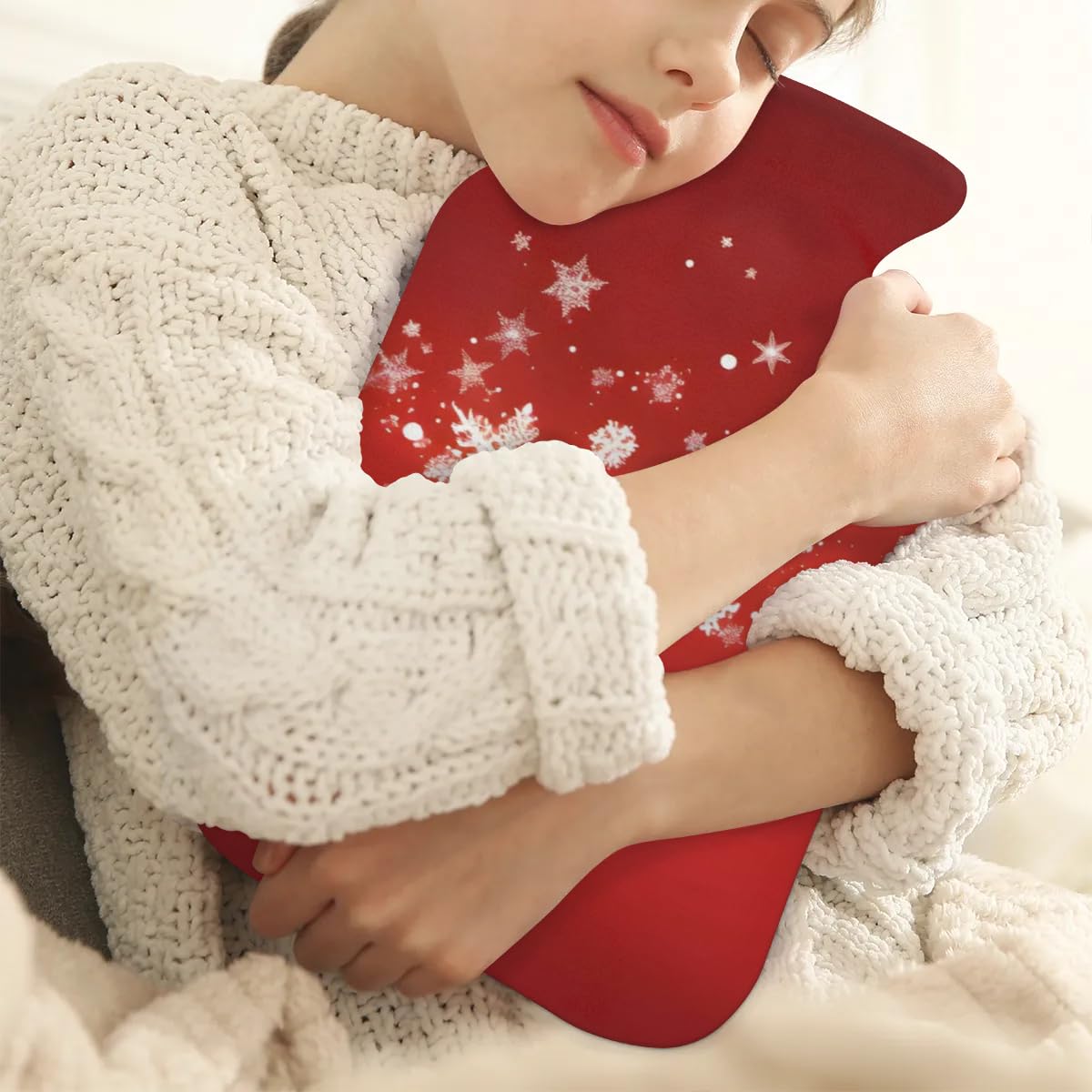 Hot Water Bottle with Soft Cover,2L Xmas Snowflakes Hot Water Bag for Hot and Cold Compress, Hand Feet Warmer, Glitter Snowflakes Rubber Hot or Cold Water Bottle Halloween Christmas Decorations