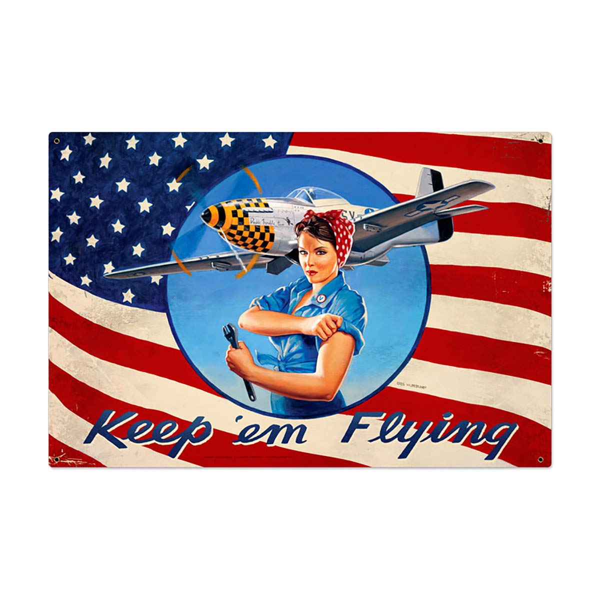 Rosie Riveter Targa In Latta 30x20 Cm - Keep Em Flying - Poster Metallico Vintage Patriottismo USA - Decorazione Da Parete