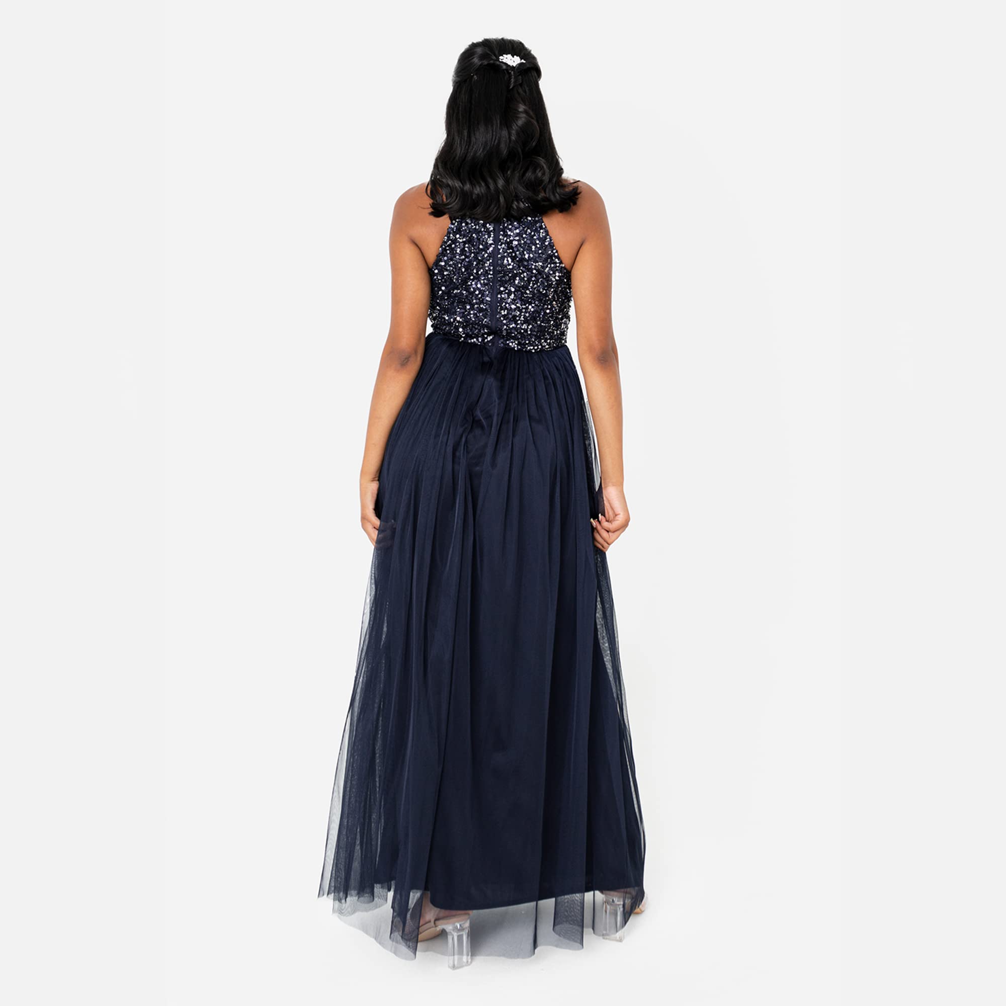 Maya Deluxe Women's Womens Ladies Bridesmaid Maxi Dress Halter Neck Sequin Embellished Prom Graduation Wedding Bridesmaid Dress (Pack of 1)