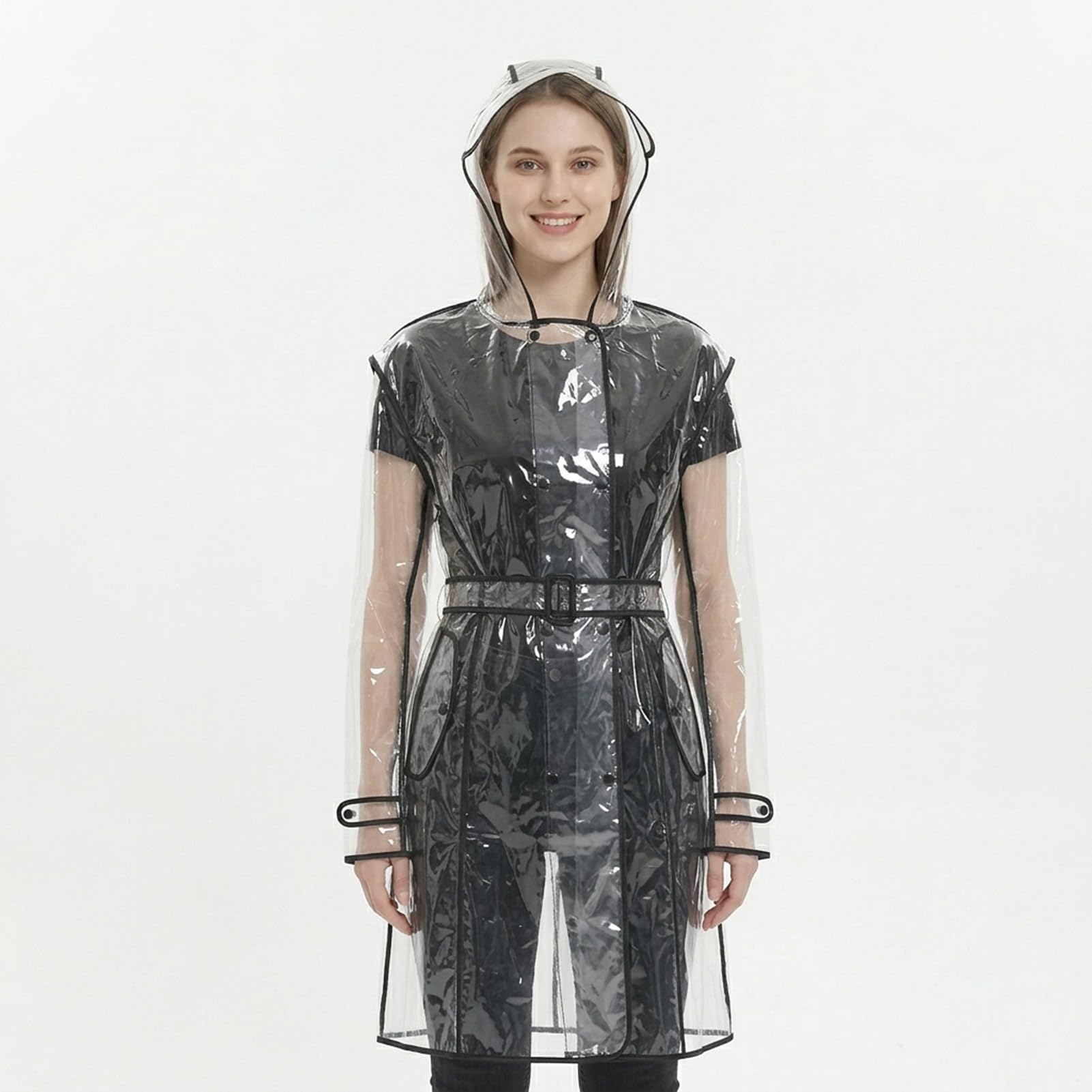 Manteau de pluie portable imperméable pour femme,Poncho transparent et réutilisable résistant à la pluie avec capuche et ceinture pour veste de pluie en plein air, transparent, Taille Unique