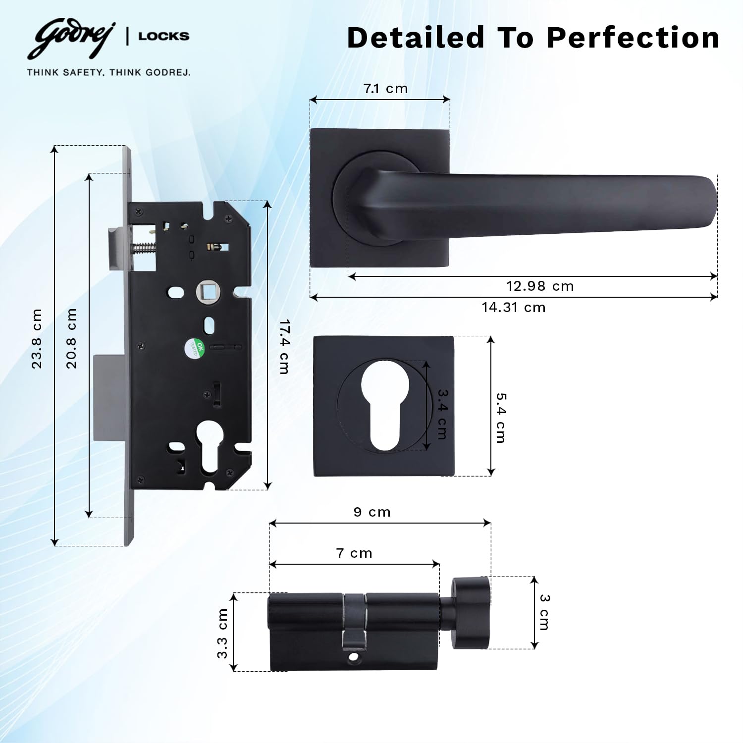 Godrej Mortise Lock | Handle Lock Set for Main & Internal Doors | NEH 20 Home Décor Handle | Matte Black Finish | 9 Inch Lockbody | 70mm 1CK Cylinder Knob from Inside Key Outside | 3 Keys 3