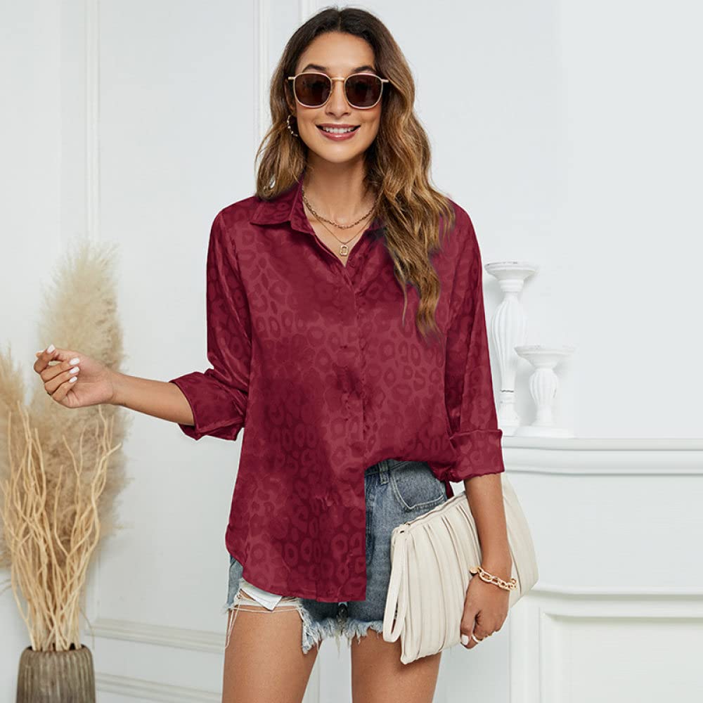 Top Femme,Desserrez Les Manches Longues Col Rabattu Cardigan Dames Blouses Imprimé Claret Femmes Tuniques Printemps Été Décontracté Bureau d'affaires Hauts pour Femmes
