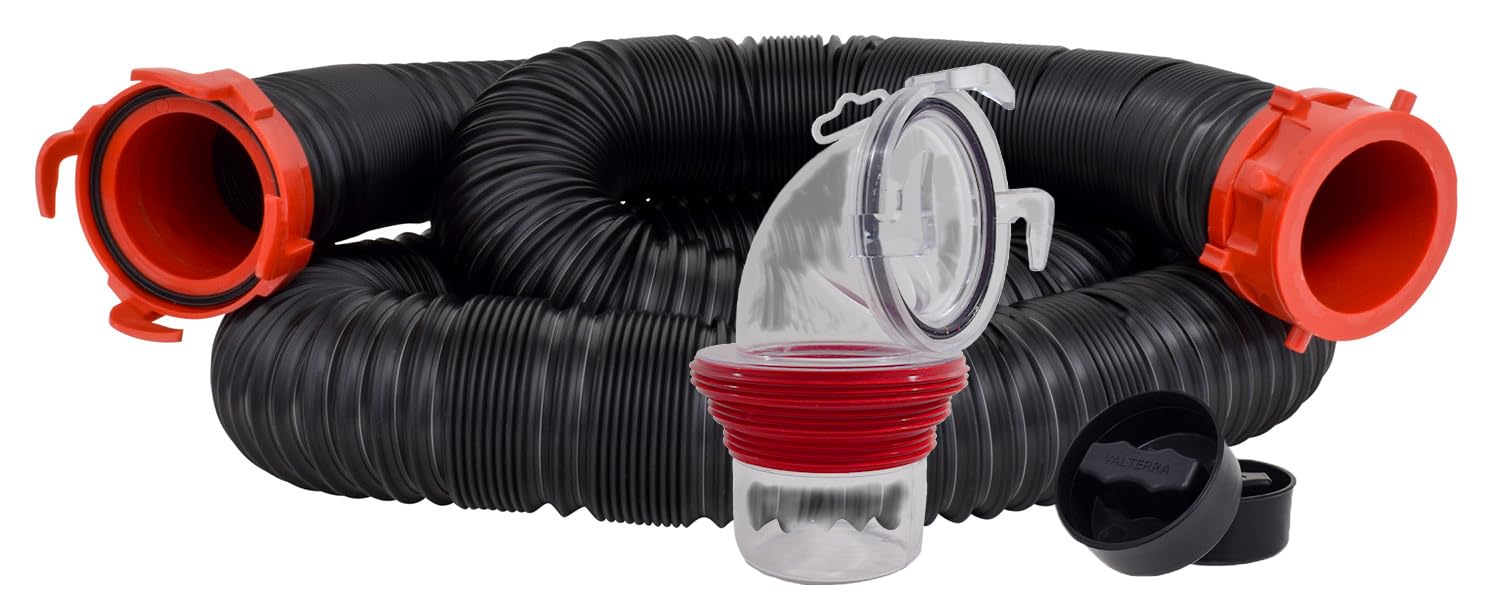 Valterra 15-Foot Dominator RV Sewer Hose Kit, Universal Sewer Hose for RV Camper, Includes 15-Foot Hose with Rotating Fittings, 90 Degree ClearView Sewer Adapter, and 2 Drip Caps