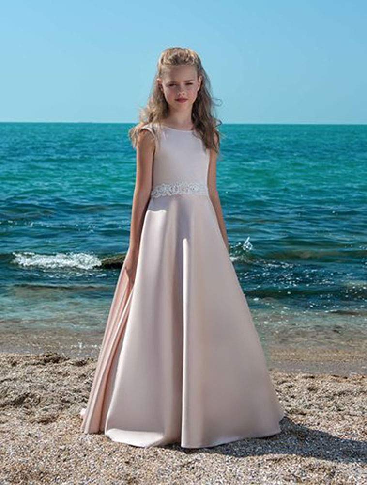 Satin-Blumenmädchenkleid für Strand, Hochzeit, Schärpen, Applikation, Erstkommunionskleider