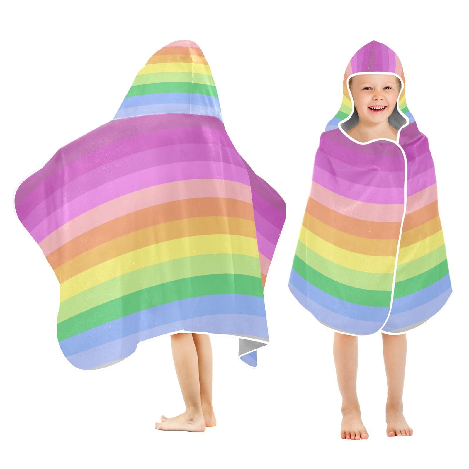 Kigai Rainbow Stripes Hooded Beach Towel for Kids Soft Absorbent Quick Dry Bath Towel with Hood Lightweight Toddler Shower Pool Bath Wrap for Boys Girls