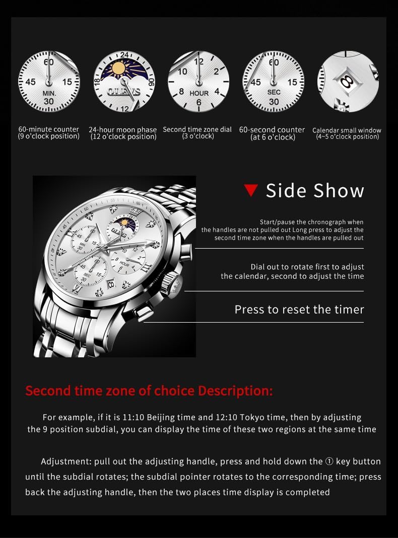 OLEVS Watches for Men Dress Watch Chronograph Luxury Stainless Steel Big Face Men Watches Multi-Function Easy to Read Diamond Roman Numerals Business Wristwatch Reloj para Hombre - Image 6