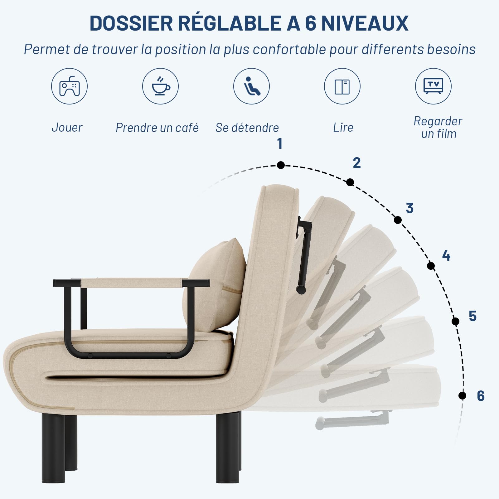 Chauffeuse Canapé-Lit 4-en-1, Chauffeuse 1 Place, Fauteuil Lit Convertible, Lit d'Appoint Chaise Longue avec Dossier Réglable en 6 Positions et Coussin pour Salon Chambre Bureau, Beige