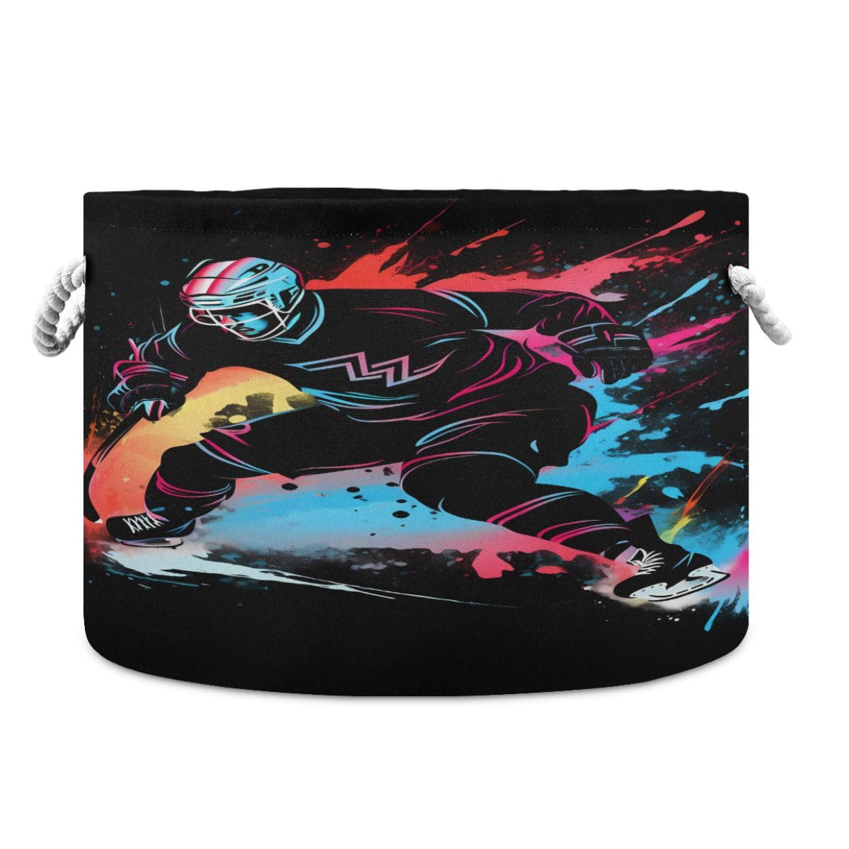 Round Storage Basket Colorful Abstract Ice Hockey Player Open Home Storage Bin 20 * 13.9in