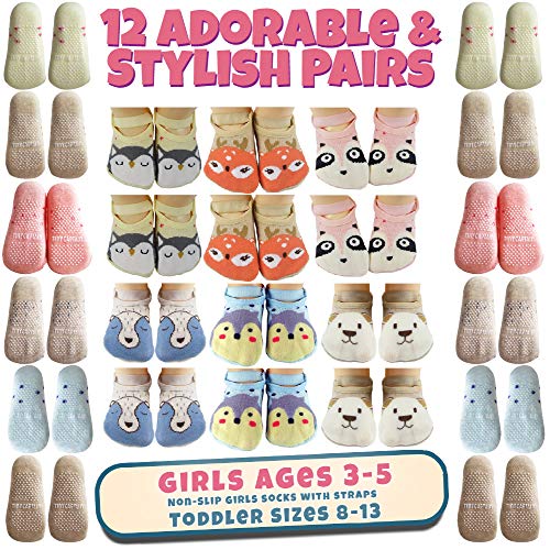 Baby Toddler Girls Strap Grip Cartoon Socks 12 Pack (1-3 Year Old, 12 Pairs)