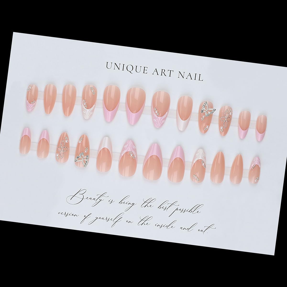 French Tip Almond Press On Nails With 3d Gild Cross Charms Kit_voghion.com