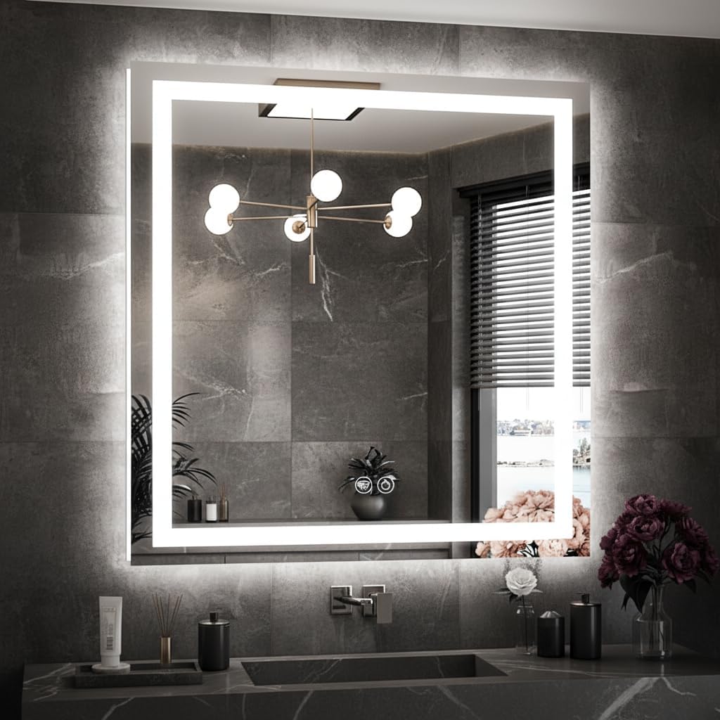 36 x 36 LED Bathroom Mirror with Lights, Lighted Bathroom Vanity Mirror for Wall, Espejos para Baños, Frontlit & Backlit, Anti-Fog, Shatterproof, 3 Adjustable Color Temperatures & Memory Function