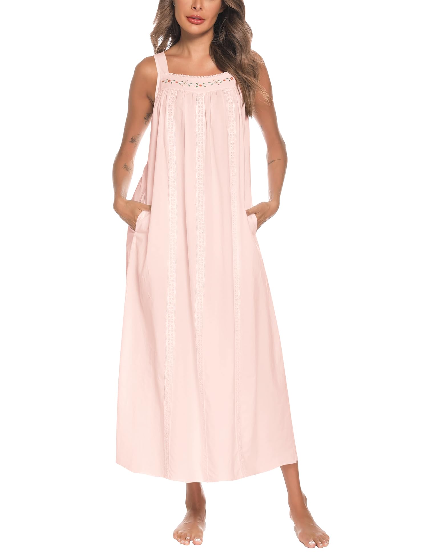 YOZLY Cotton Nightgowns for Women Embroidery Sleeveless Night Gown with Pockets S-XXL