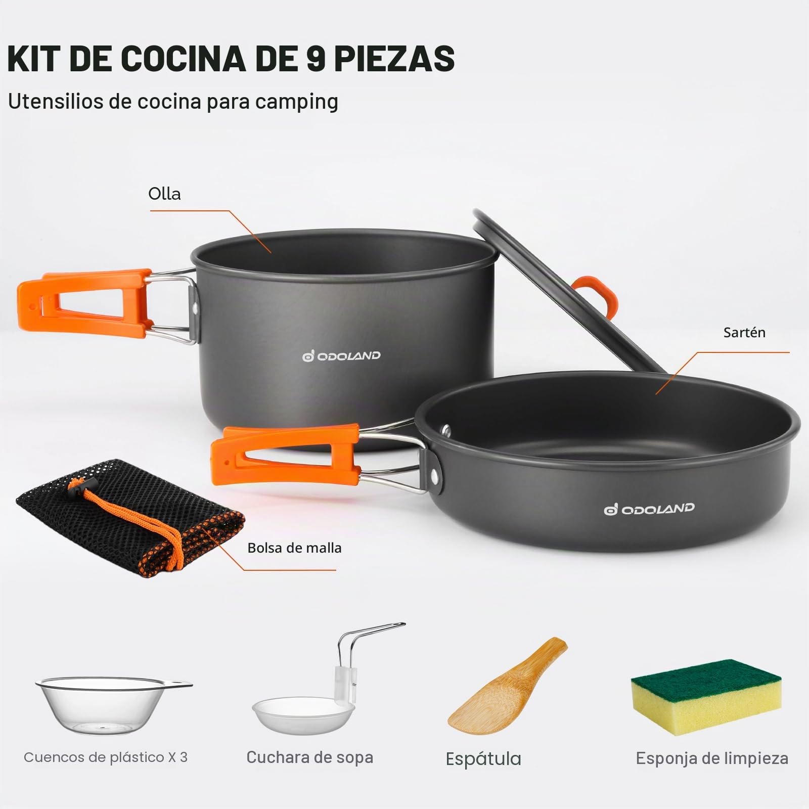 Odoland Utensilios de Cocina para Camping para 1-3 Personas, Ollas de Camping y Sartén, para Camping Senderismo Excursiones Cocina Outdoor y Picnics, L Olla 2.9L+ Sartén 0.9L
