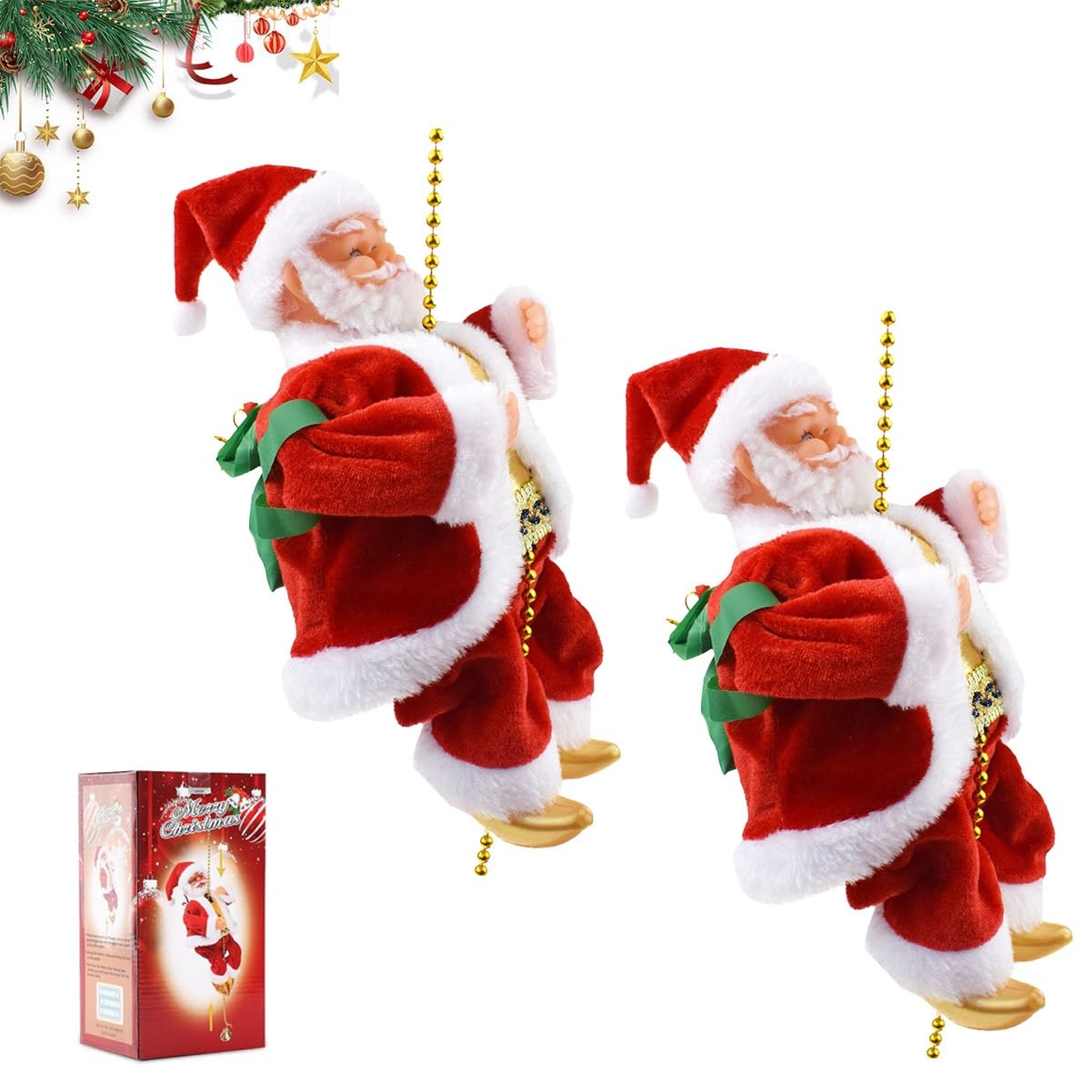 Santa Claus Musical Climbing Rope, Electric Climbing Santa On Rope With Funny Musical, Novelty Climbs Up And Down, Climbing On Beads Moving Figure Xmas Christmas Ornament(2pcs)