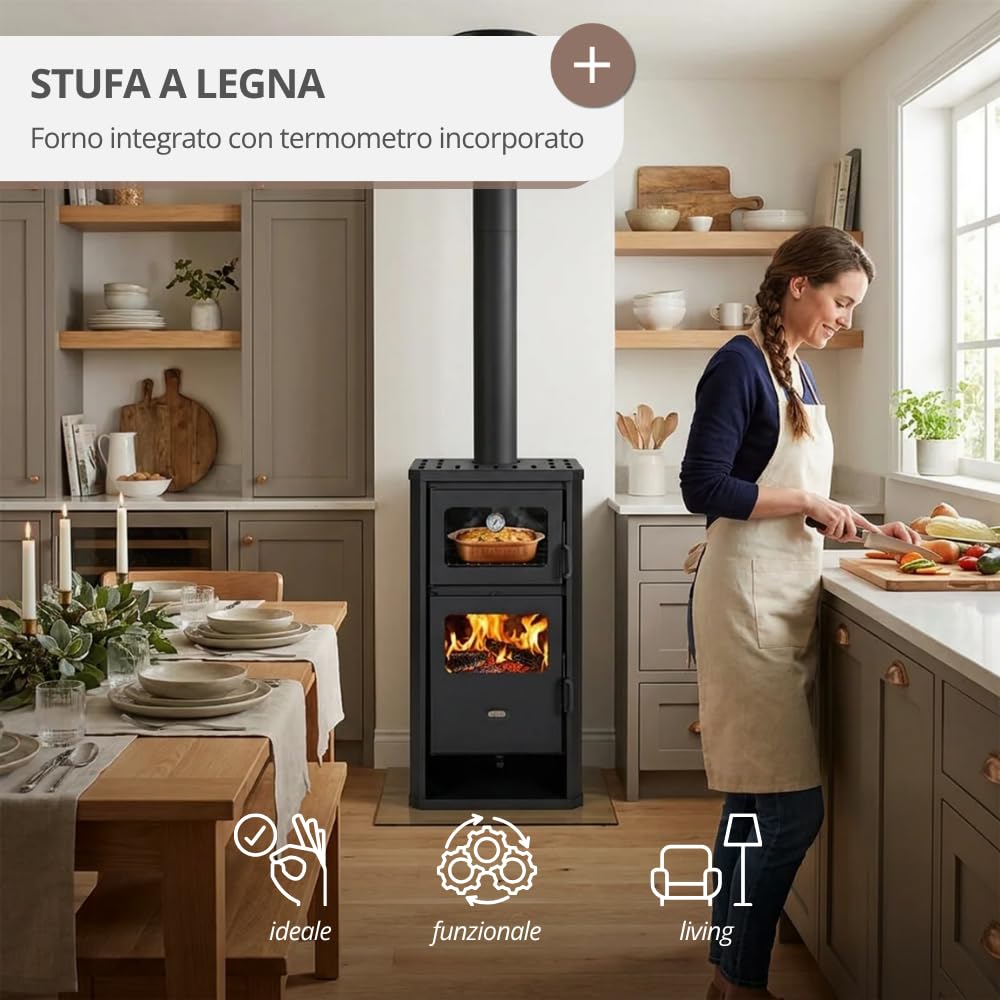 Prity FM D - Stufa a legna con forno e rivestimento d'acqua, riscaldamento centralizzato, certificato CE, stufa a legna