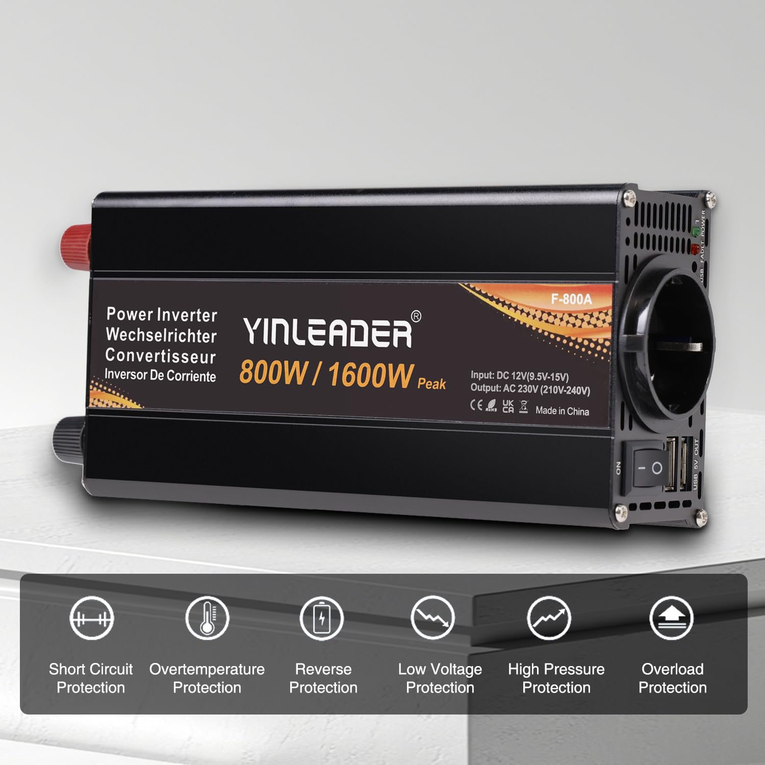 Yinleader 800W /1600W Wechselrichter 12V auf 230V KFZ Spannungswandler mit 1 EU Steckdose, 2 USB LED KFZ-Spannungswandler mit Zigarettenanzünder, für Auto, Camping, Wohnmobil