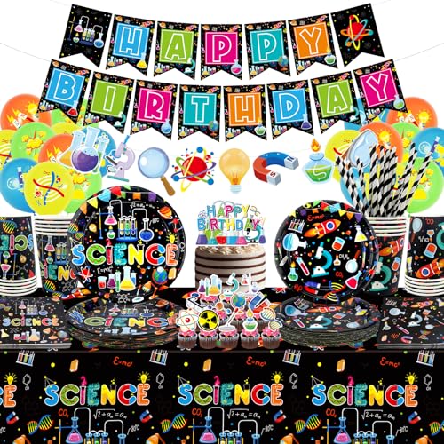 Suministros para fiestas científicas, incluye pancartas de feliz cumpleaños, platos, mantel, vasos, globos y popotes, para decoración de laboratorio de pequeños científicos, sirve para 20 invitados