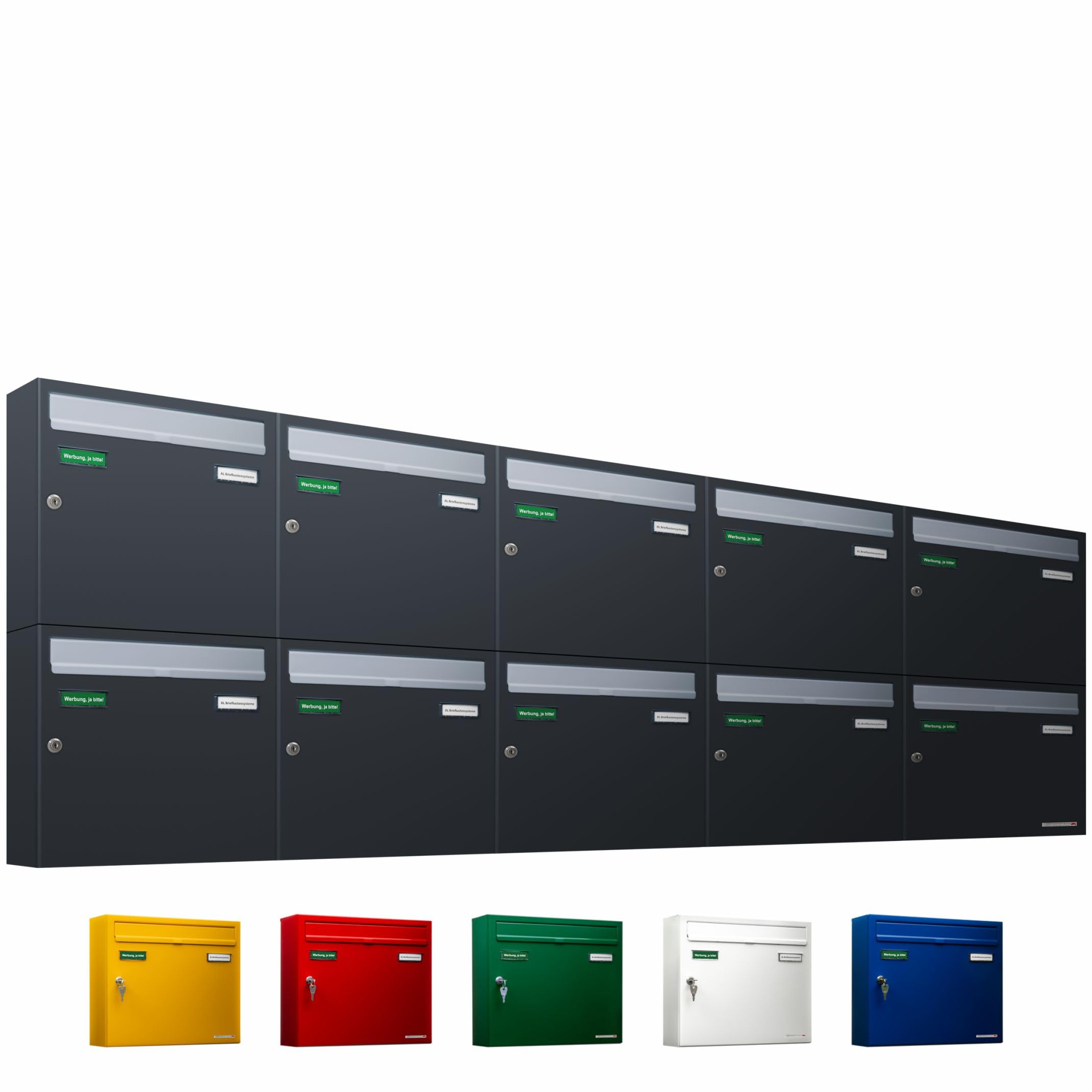 AL Briefkastensysteme Basic 10er Briefkasten RAL 7016 Anthrazit Grau/Einwurfklappe RAL 9006 Weiß Aluminium 10 Fach DIN A4 wetterfest mit Posthaltebügel und 2 Namensschildern