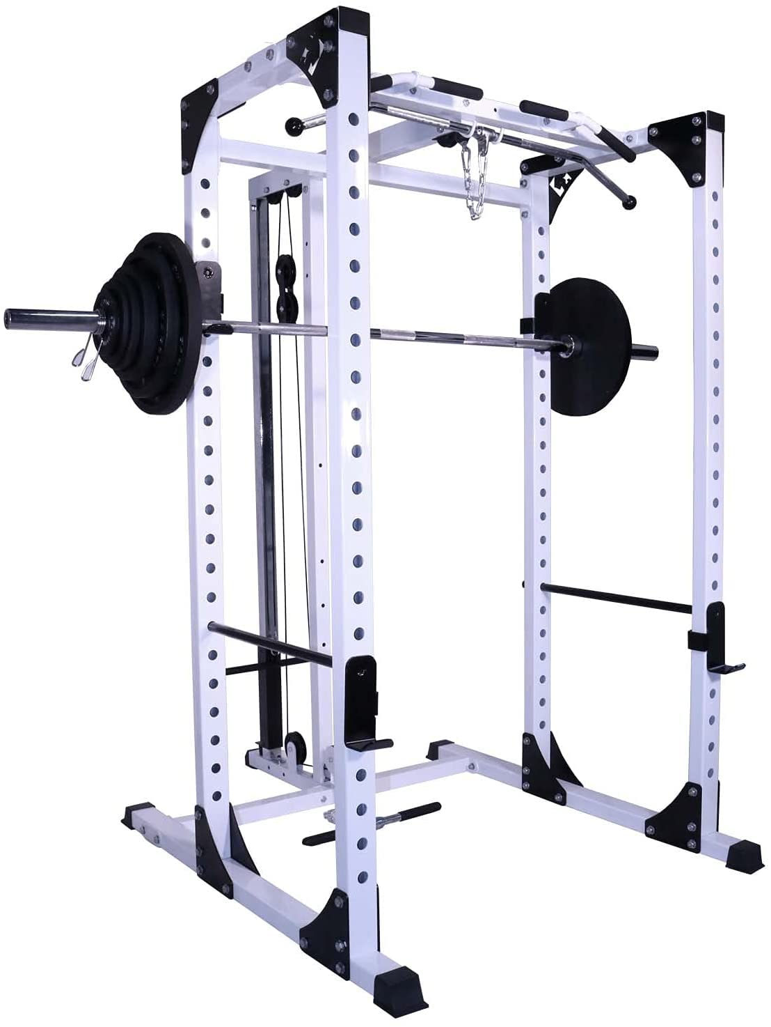 Deltech Fitness DF825L Heavy Duty Squat Rack with Lat Attachment, 1000 lb Weight Capacity, Black and White