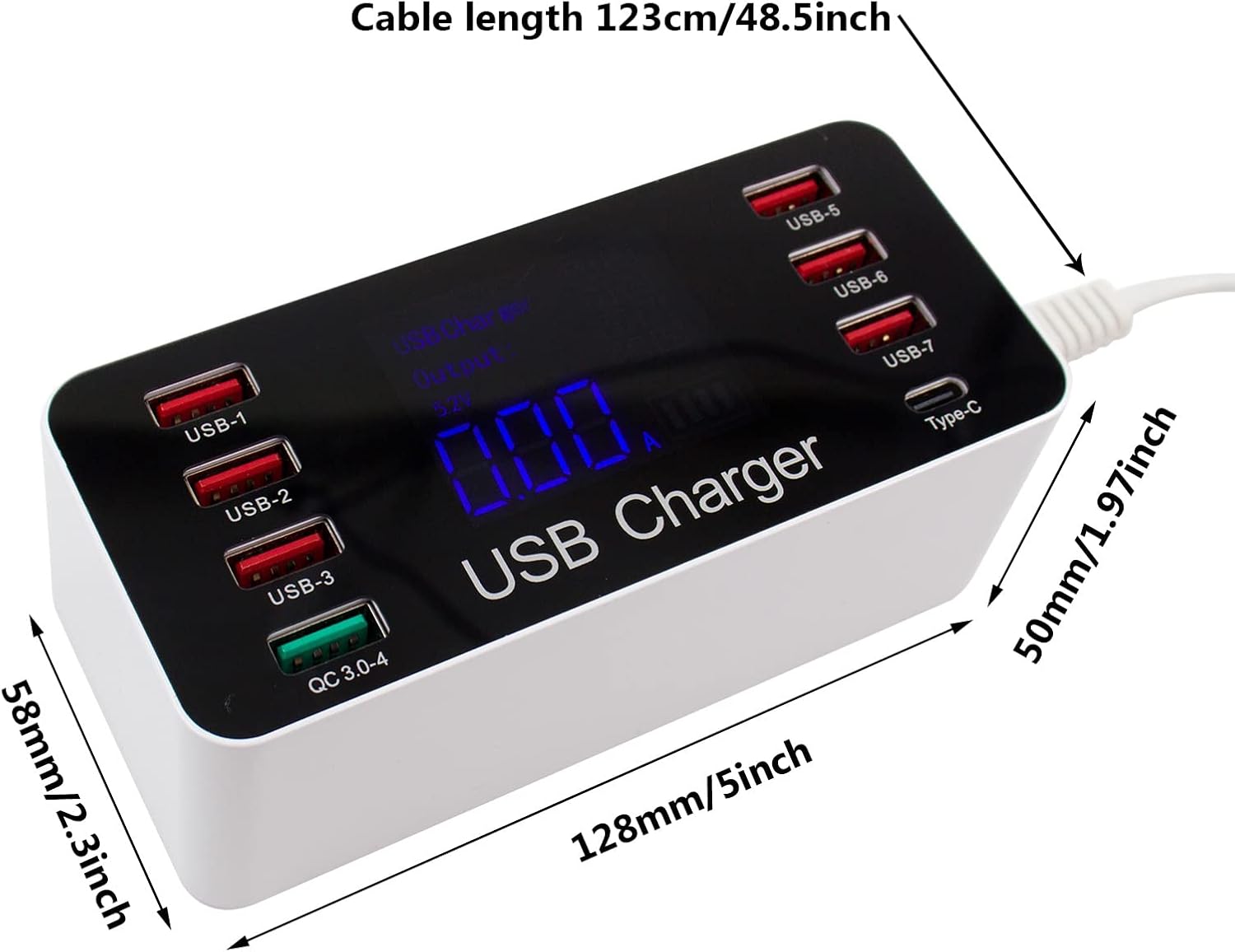 Multiple USB Charger, 40W 8-Port Desktop Charging Station with Quick Charge 3.0, Type C Port and LCD Display for Smartphones, Tablets and More