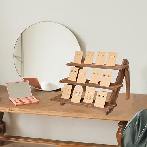 Miniatura 8 de Soporte de exhibición de aretes de madera de 3 niveles, soporte de exhibición de tarjetas de joyería al por menor con ranura + 50 tarjetas de