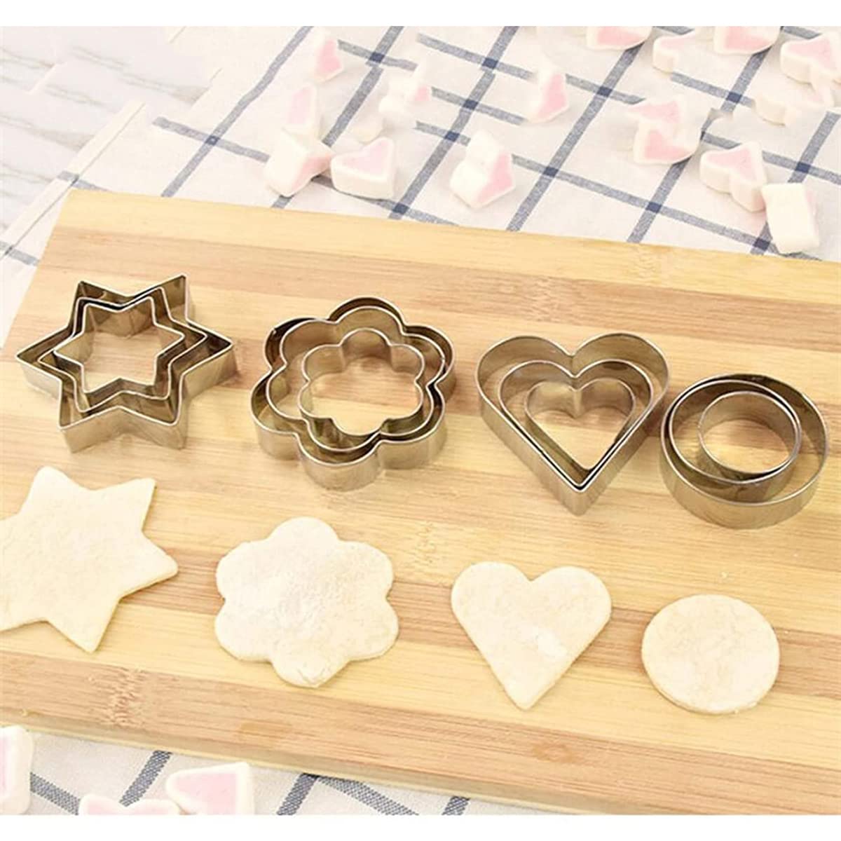 Juego de 12 moldes de acero inoxidable, forma de estrella, forma de corazón redondo, para galletas, para postres, cocina, Halloween, Navidad, San Valentín