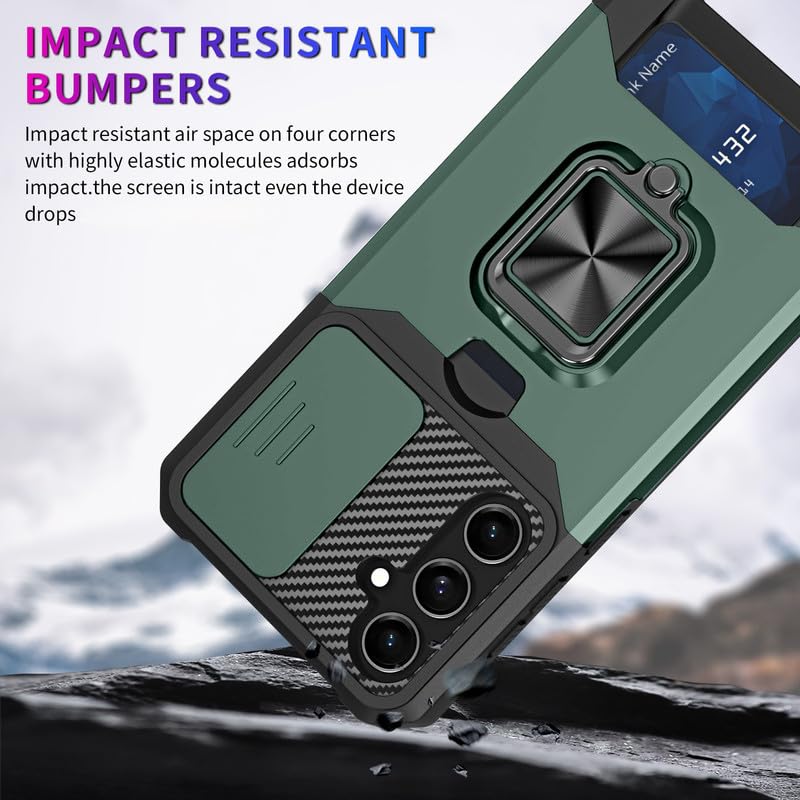 Image of LuxuryKase Shockproof Armor Case for Samsung Galaxy S24 FE | Slide Camera Cover | Hidden Card Slot | Rotating Ring Kickstand | Magnetic Car Mount Support | Military Grade Protection - Green