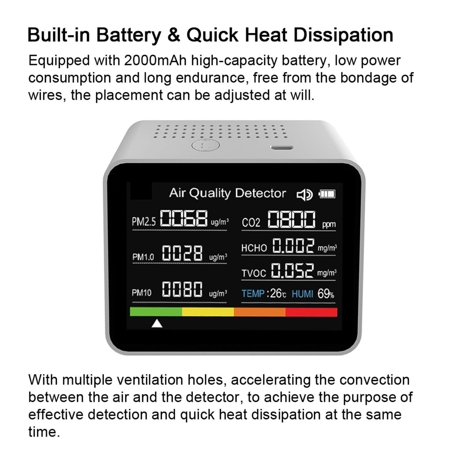 Monitor de co2, Monitor De Calidad del Aire Probador 13 En 1 Temperatura Humedad Hora Fecha Alarma Temporizador Cronómetro Medidor para el hogar(White)