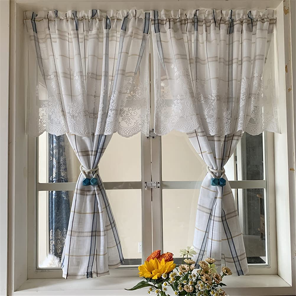 NMDCDH Rideaux Courts pour Cuisine, Lin Artificiel Texturé Voile Fenêtre Cantonnière Panneau Damier Plaid Demi-Fenêtres Rideaux Tier Rideaux pour Étude Balcon Salle de Bains 2pcs, L x H 1