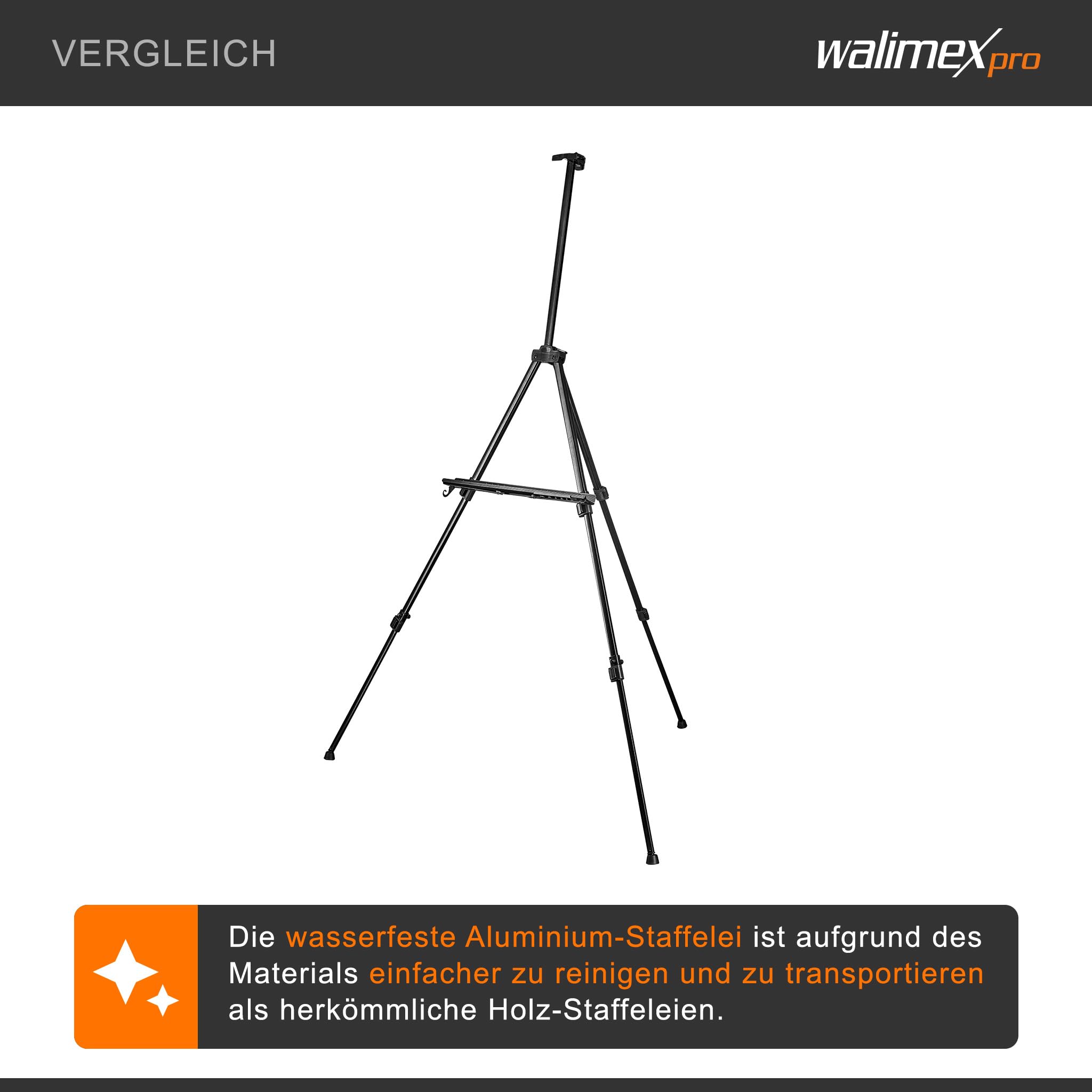 Walimex pro Sztaluga XXL 62-205 cm, aluminium I idealna sztaluga atelierska, sztaluga stołowa i sztaluga polowa I na płótna do wys. x gł.: 150 x 4 cm, do 6 kg I półka i uchwyt na farby i pędzle, z