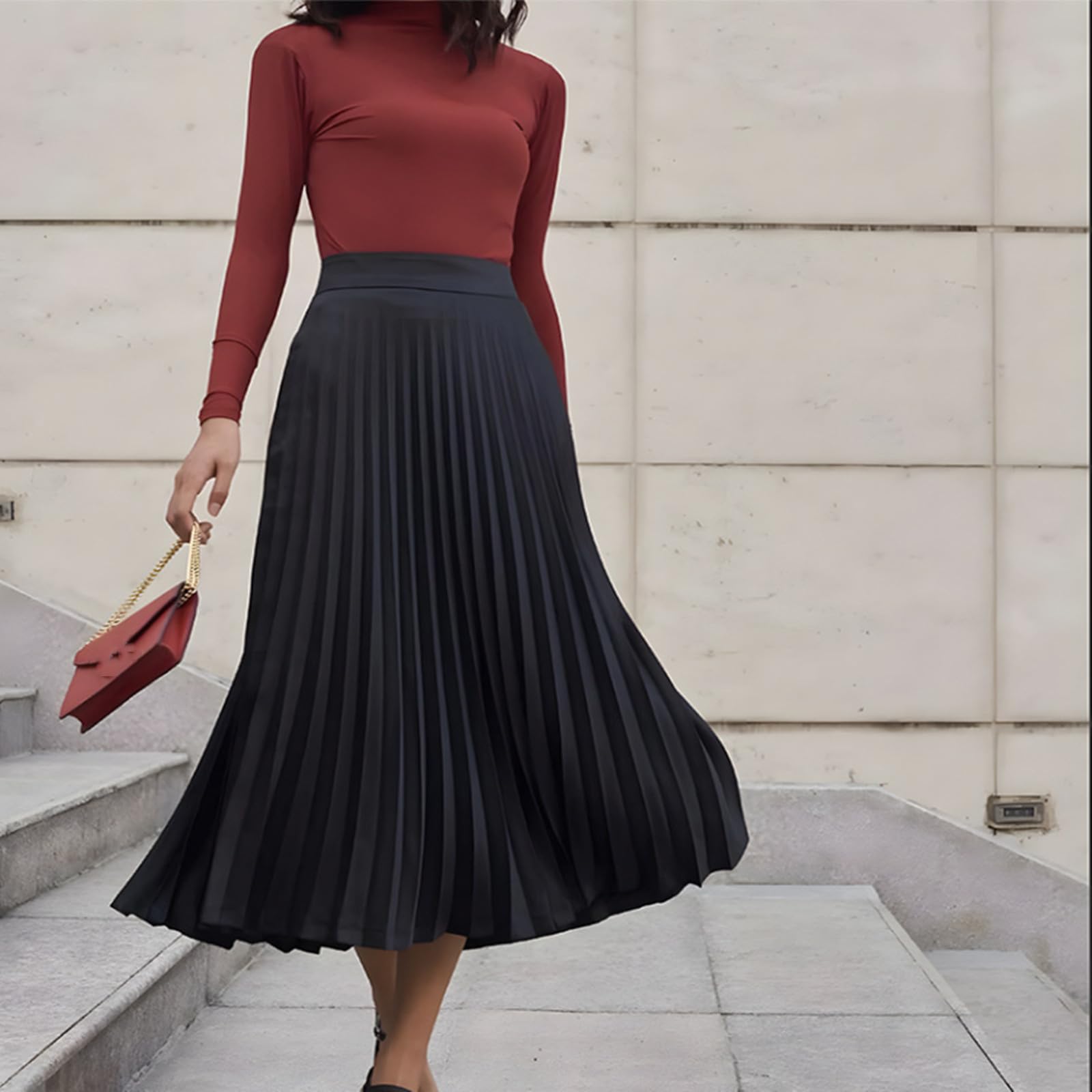 Gonna Donna Gonna A-Line A Pieghe Lunghe da Donna, Gonna Nera in Vita Alta, Design Rugoso per Lo Stile Elegante-Nero-l
