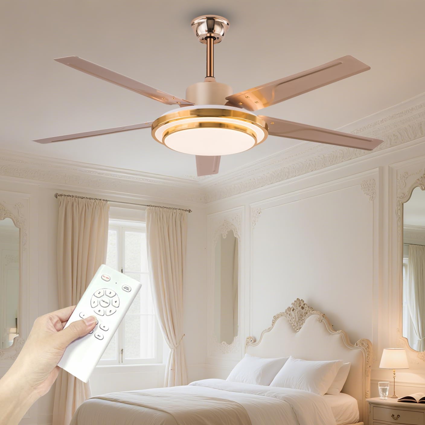 52 Inch Luxury Rose Gold Ceiling Fan with LED Lights and Remote Dimmable Modern Indoor Ceiling Fan 5 Iron Blade 6 Speed Timing Quie Reversible DC Motor Living Room Bedroom Dining Room Ceiling Fans