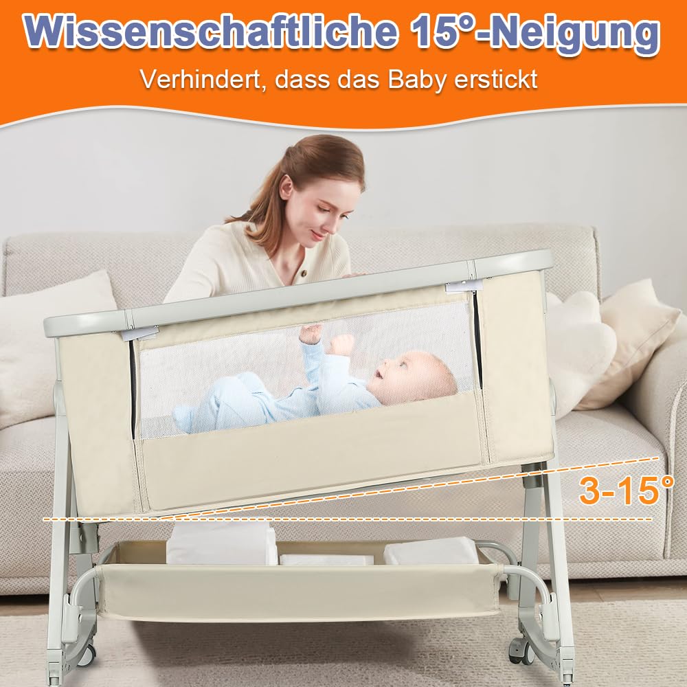 homewell Łóżeczko 2 w 1 dla niemowląt & kołyska, wózek dla niemowląt z moskitierą, 6-stopniowa regulacja wysokości i nachylenia, do domu i w podróży (kremowobiały)