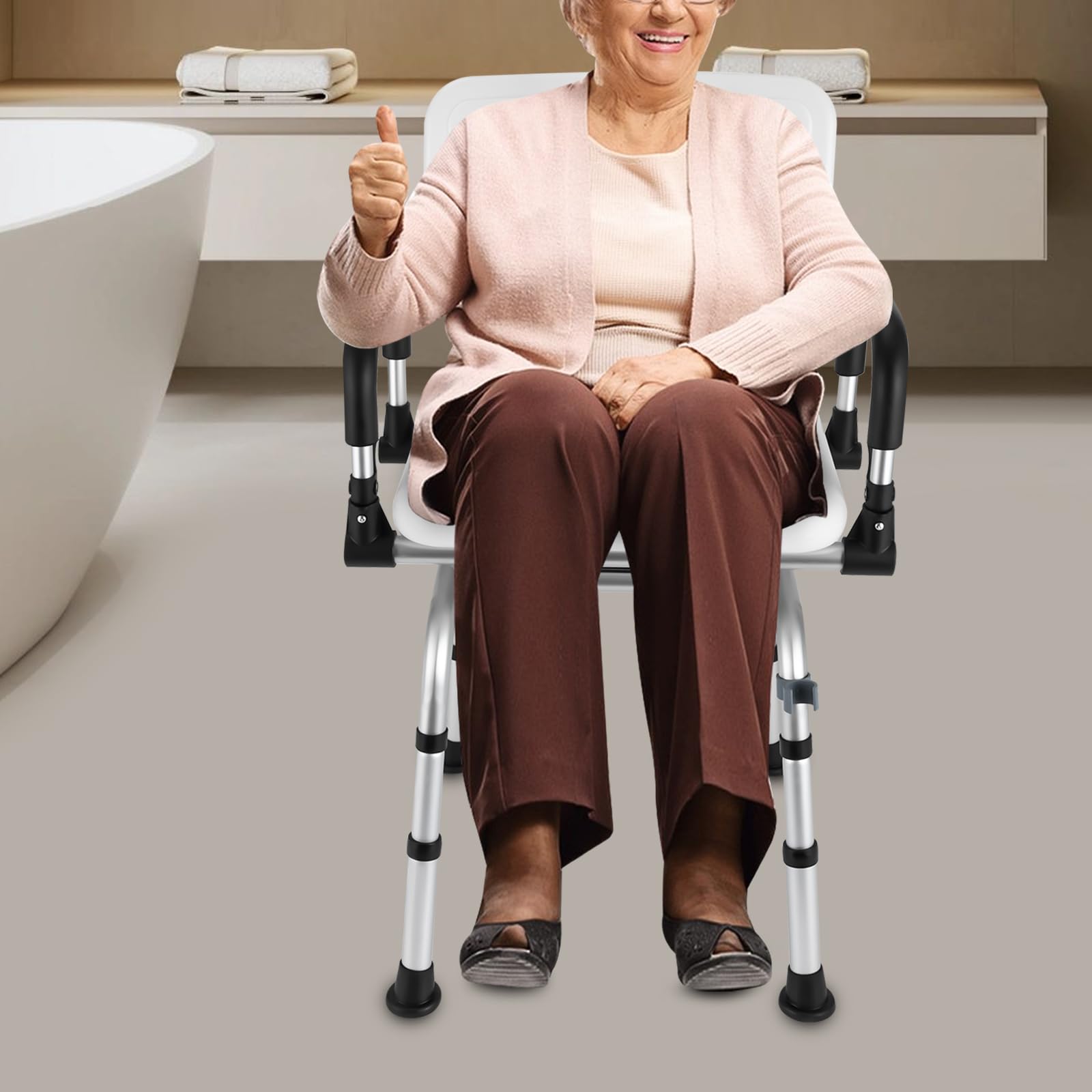 Silla de ducha giratoria de 360 grados, especialmente para personas mayores, altura regulable con respaldo y reposabrazos plegables, capacidad de carga de hasta 180 kg, antideslizante, ideal para