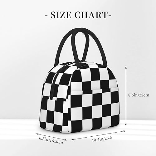 Miniatura 2 de Fiokroo Bolsa de almuerzo aislada con estampado a cuadros blancos y negros, caja de almuerzo reutilizable para escuela, trabajo, universidad, viajes