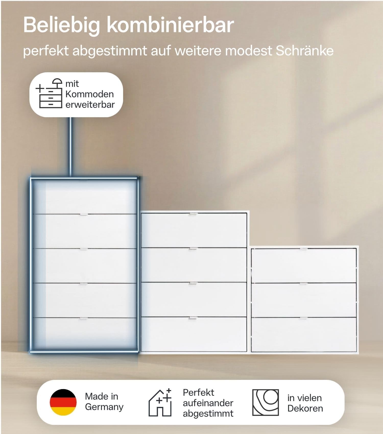 mokebo Kommode 'Die Stilvolle' (80x117x40 cm) Made in Germany, Highboard, Anrichte, Sideboard, Schubladenschrank für Schlafzimmer, Flur & Kinderzimmer mit 5 Schubladen aus Holz in Anthrazit Schwarz