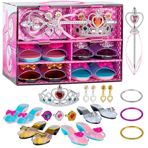 Toyvelt Princess Dress Up Shoes and Jewelry Boutique - Pretend Play for Little Girls Set Incl 4 Pairs Princess Shoes and Lots of Accessories - Toddler Girl Toys (Classic Edition)