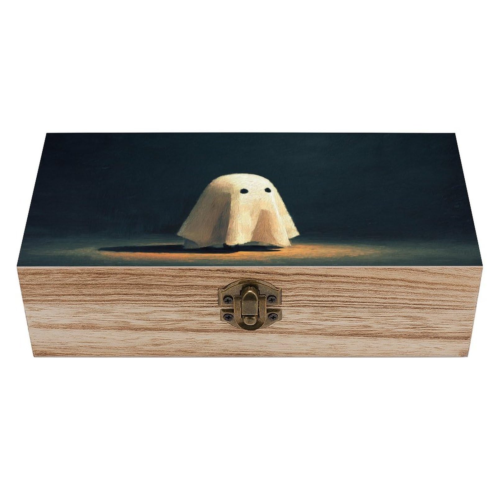 Ahdyr Cute Ghost Vintage Wooden Storage Box with Hinged Lid And Front Clasp Large Keepsake Box