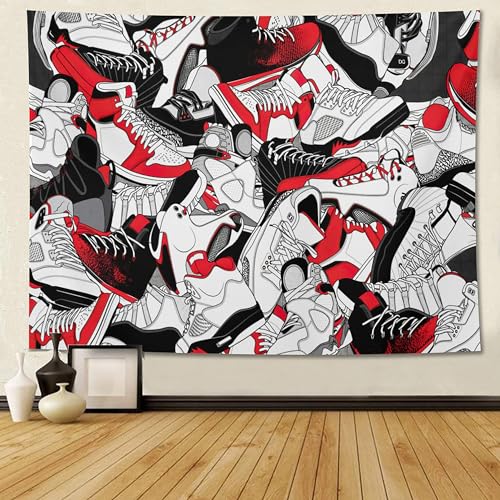 Narikuto Retro Basketball Tapestry Wall Hanging Party Decorations Sport Shoes Poster Sneaker Ball Sneaker Head Backdrops Banner Birthday Celebration Basketball-Themed Bedroom Aesthetic Room80 x60