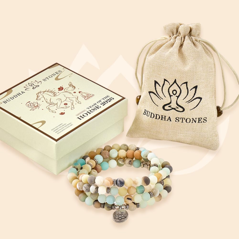 Natural 108 Mala Amazonite Beads Yoga Necklace with Lotus Pendant, Gemstone Beads Wrap Bracelet for Meditation & Mindfulness, Stretch Prayer Beads Necklace for Women & Men, Stress Relief Mother's Day Spiritual Gifts, Includes Gift Box - 6mm