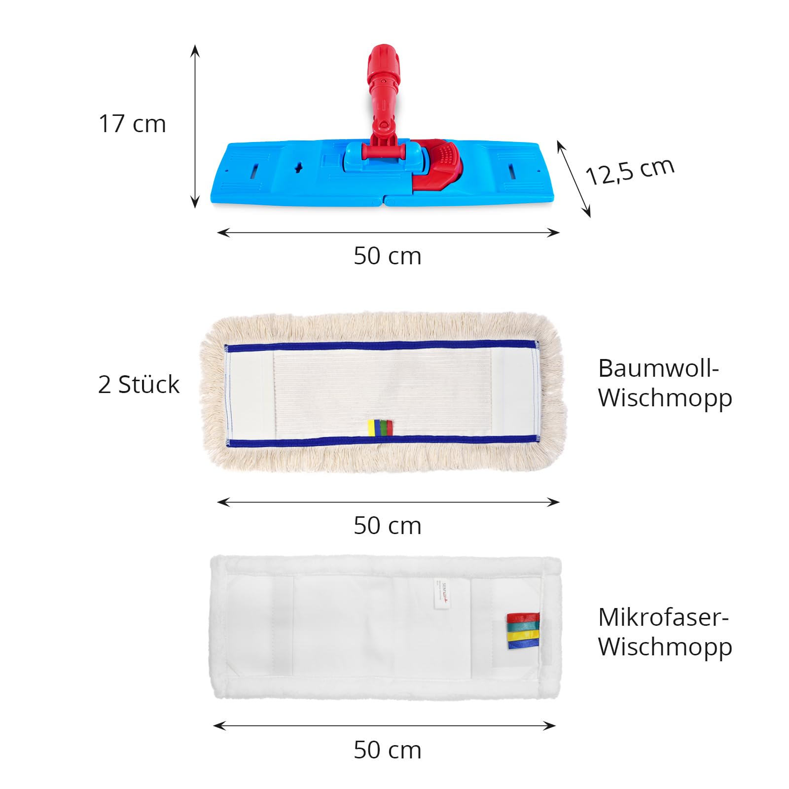 Hypafol Reinigungswagen mit Korb Set 50 cm | 2 x 25 l Eimer mit Wischmopp-Presse und Kehrgarnitur | inkl. 2X 50cm Baumwoll Mopp, 1x Mikrofaser-Mopp | je 3 Mikrofasertücher in rot, gelb, grün, blau