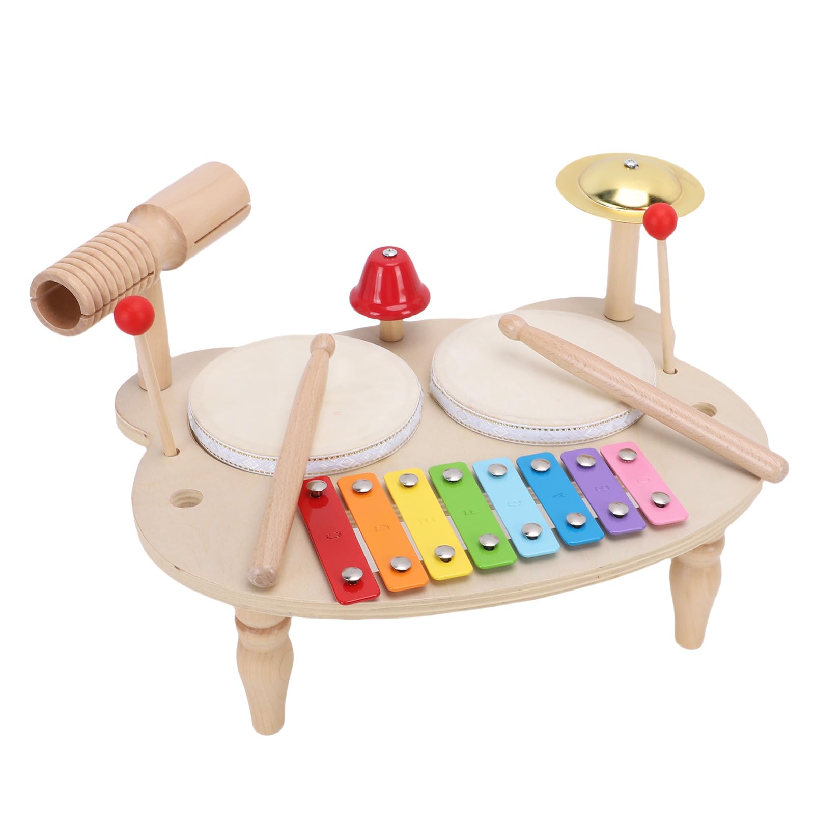 Jiawu Set di Batteria per Bambini in Legno, Costruzione in Tiglio Codificato a Colori per l'apprendimento degli Strumenti a Percussione in Legno, Giocattolo Musicale in con Bacchette e Accessori per
